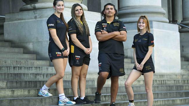 Teen Parliament students from the Tjindu Foundation Tatum McLean, 17, Jordy Harvey, 16, Scott Graham, 17, and Shayla Holloway, 17, on the steps of Parliament House. Picture: Mark Brake