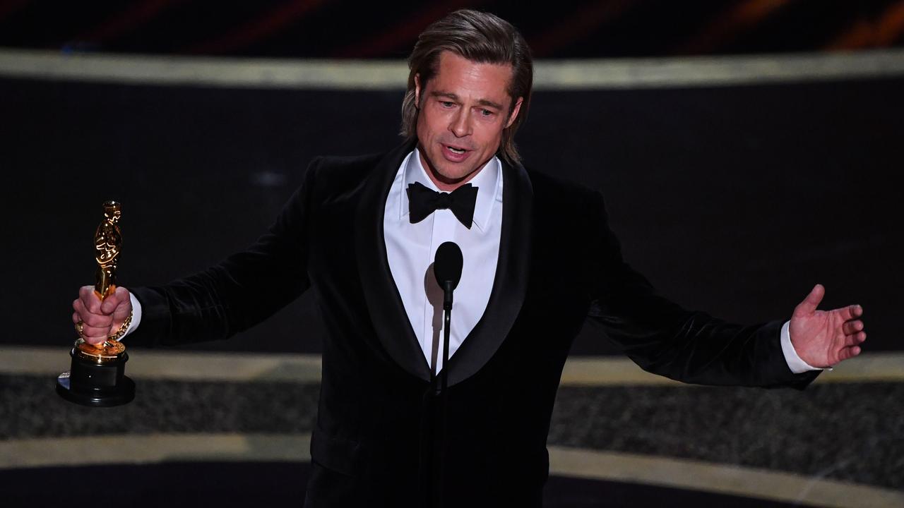 Best Actor in a Supporting Role: Brad Pitt accepts the award for <i>Once Upon a Time in Hollywood </i>at the <a href="https://www.theaustralian.com.au/arts/film/oscars-2020-winners-red-carpet-live-coverage/news-story/1ae4ba3dc614af28a0ff68e4709299cd">Oscars</a>, at the Dolby Theatre in Los Angeles. Picture: AP