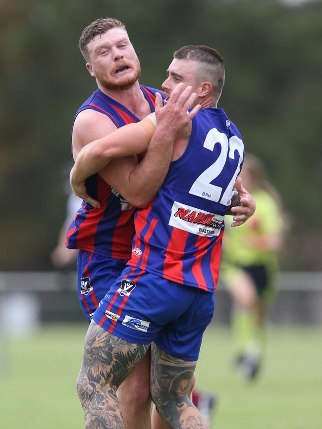 Football GDFL: Belmont Lions v Bell Post Hill Bell Post Hill 22 Sam Harmer and 8 Jack Yates celebrate Harmers goal Picture: Mark Wilson