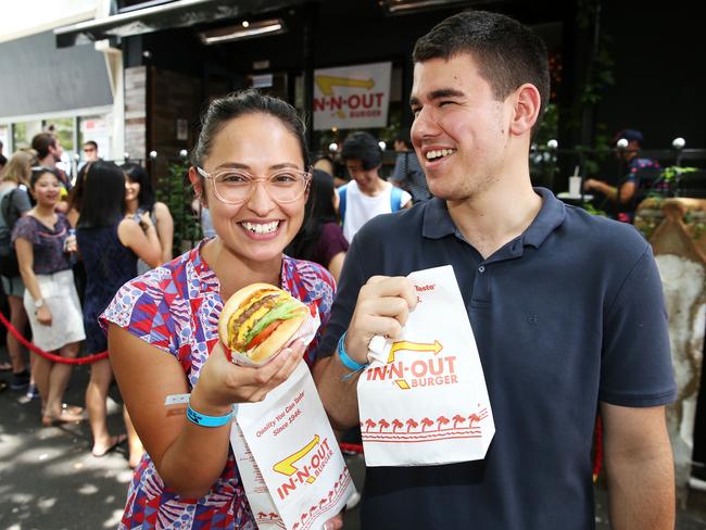 Happy punters Masaya Arellano and Haris Kruskic tuck in. Picture: Tim Hunter.