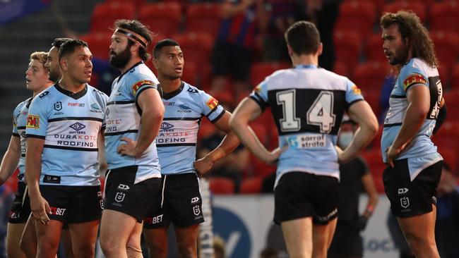 The Cronulla Sharks face a crucial game against the Warriors fater losing to the Knights on the weekend. Picture: Ashley Feder/Getty Images