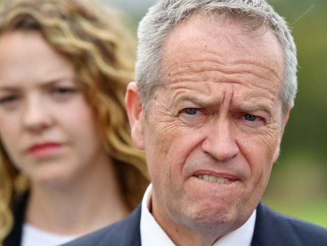 Leader of the opposition Bill Shorten and candidate for Boothby Nadia Clancy are seen at a media doorstop at Montefiore Hill in North Adelaide, Friday, March 8, 2019. Bill Shorten is announcing funding for transport infrastructure in Adelaide. (AAP Image/David Mariuz) NO ARCHIVING