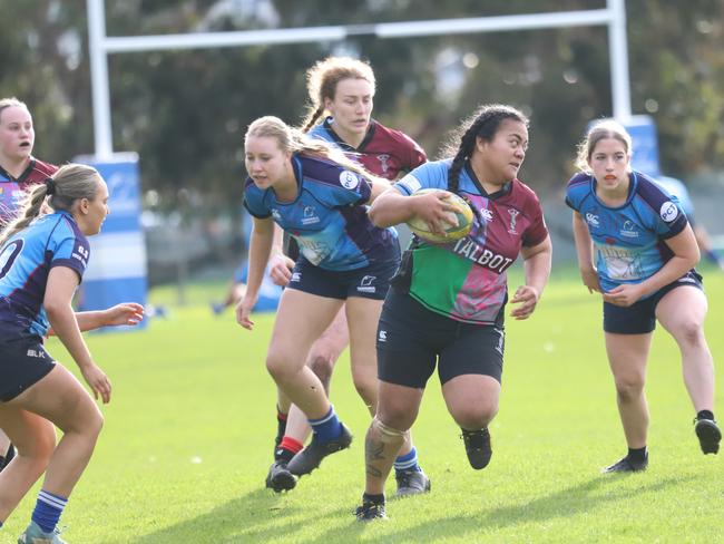 UniQueens forward Lolohea Foki breaks free against Taroona during their TRU women’s clash at Rugby Park. Picture: CMW Photography