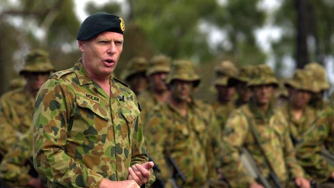 Major-General Jim Molan, then Commander of the deployable joint force headquarters 1st Division, addresses logistic troops from 3rd Brigade Administrative Support Battalion. Picture: Jason Weeding.