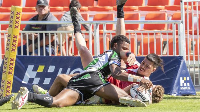 Jayden Alefaio scores in the Meninga Cup under 18 rugby league grand final- Picture: Richard Walker