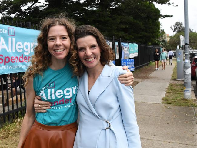 Fashion designer Bianca Spender hugs her sister and Wentworth candidate Allegra saying she feels like a proud mum. Picture: James D. Morgan/Getty Images