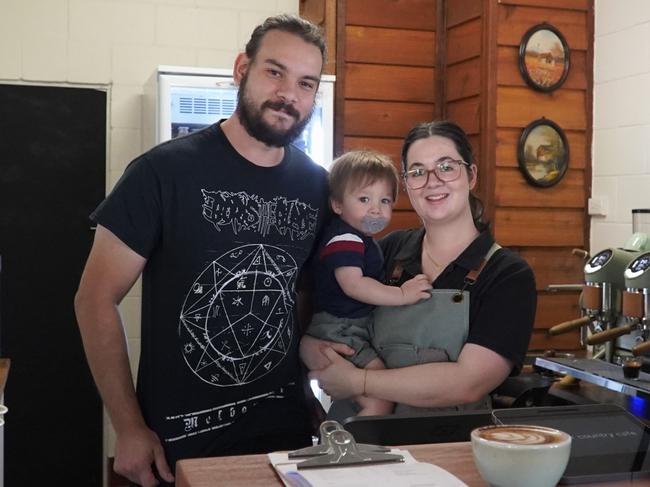 Mark Matula, Alex Mengual, and their son Matteo at the Copper Country Motor Inn, Nanango.