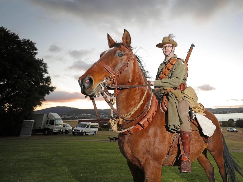 David Thomas of C squadron, 3rd Lighthorse Regiment, Historic Troop at the Anzac Day dawn service at the Hobart cenotaph. Picture: PATRICK GEE