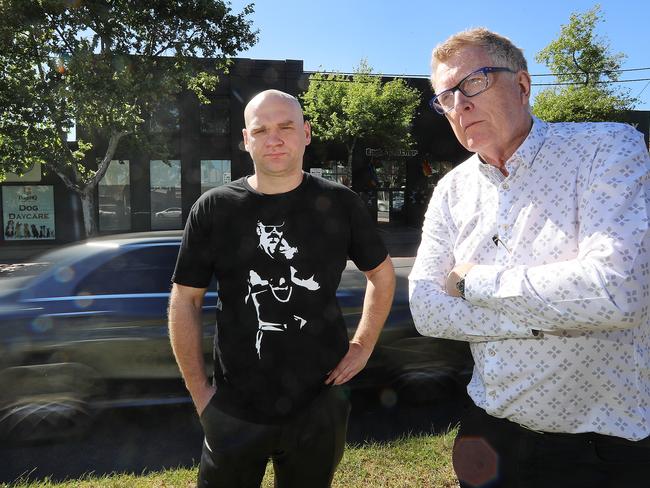 Hoddle St traders Brendan Jupp and Graham Slattery are angry at the state government’s 24/7 clearway proposal. Picture: Alex Coppel