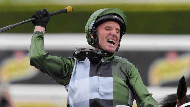 Jockey Glen Boss celebrates victory aboard Yes Yes Yes. Picture: AAP