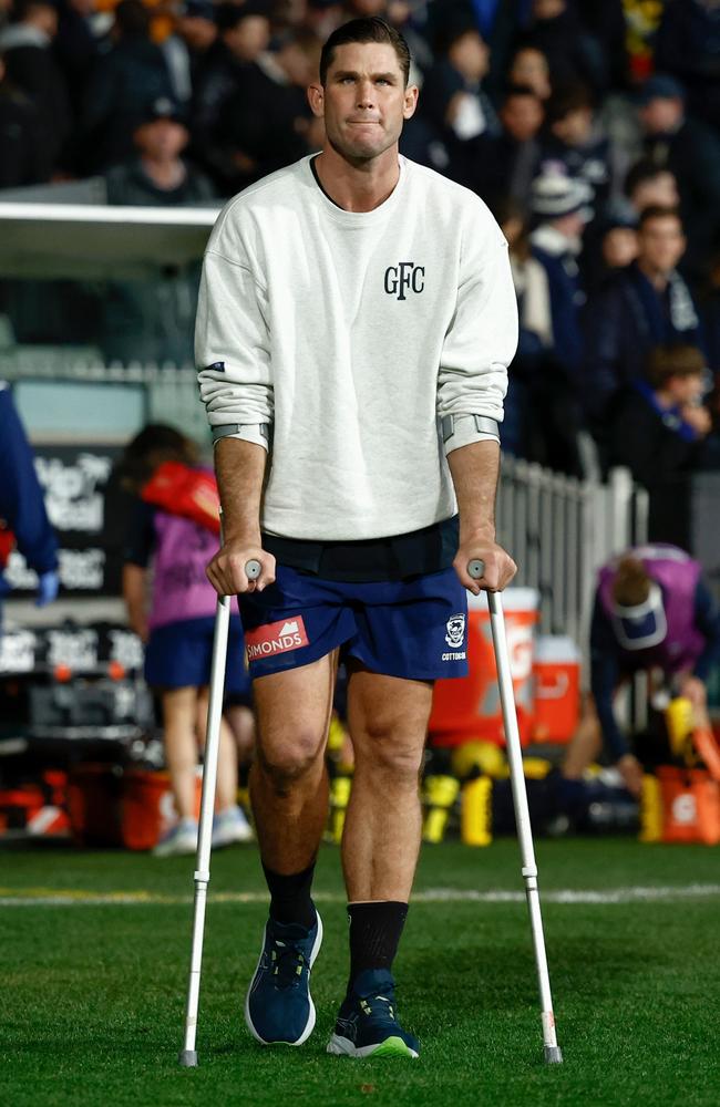 Tom Hawkins on crutches after Geelong’s loss to Carlton. Picture: Michael Willson/AFL Photos via Getty Images