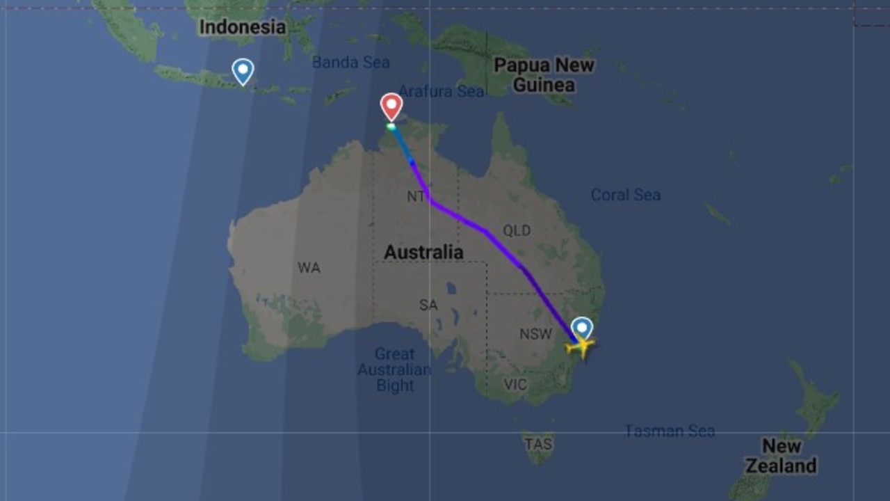 The earlier flight from Sydney to Bali was diverted to Darwin before it continued on. Picture: flightradar24.com