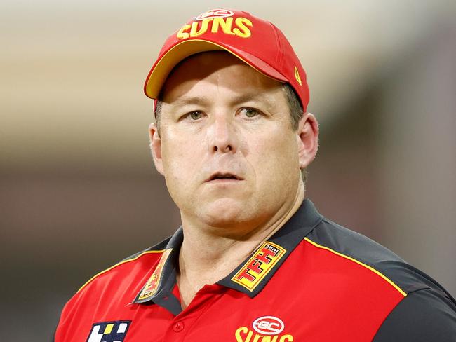 DARWIN, AUSTRALIA - MAY 27: Stuart Dew, Senior Coach of the Suns looks on during the 2023 AFL Round 11 match between the Gold Coast Suns and the Western Bulldogs at TIO Stadium on May 27, 2023 in Darwin, Australia. (Photo by Michael Willson/AFL Photos via Getty Images)