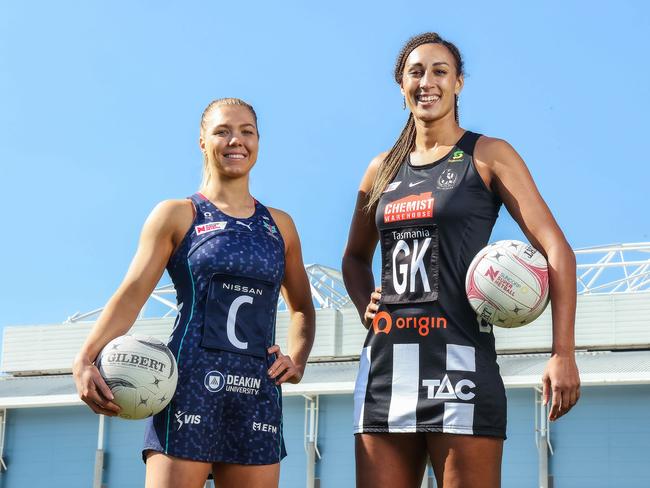 Rival captains Kate Moloney (left, Melbourne Vixens) and Geva Mentor (Collingwood Magpies) are ready for the start of the Super Netball season. Picture: Ian Currie