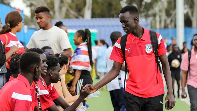 Gideon Arok with the South Sudanese African Nations Cup team at Angle Park. Picture: AAP Image/Russell Millard