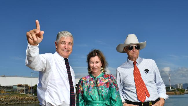 Member for Traegar Robbie Katter, Mt Isa Mayor Peta MacRae and Member for Kennedy Bob Katter at the Breakwater at Ross Creek near the Townsville Port. Picture: Evan Morgan