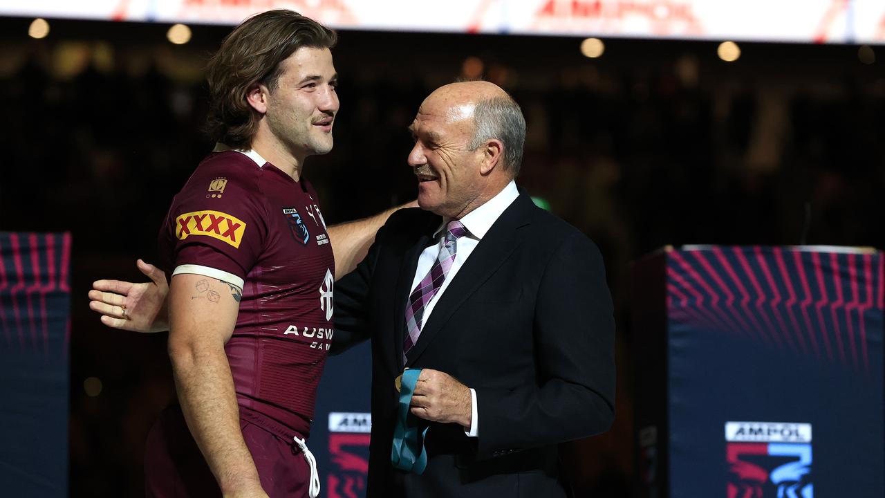 Patrick Carrigan receives the Wally Lewis Medal after Game III. Picture: Adam Head