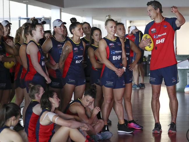 Crows AFLW coach Matthew Clarke talks to the players in the club’s indoor training facility prior to the Christmas break. Training resumes on January 3, 2019. Picture: Sarah Reed