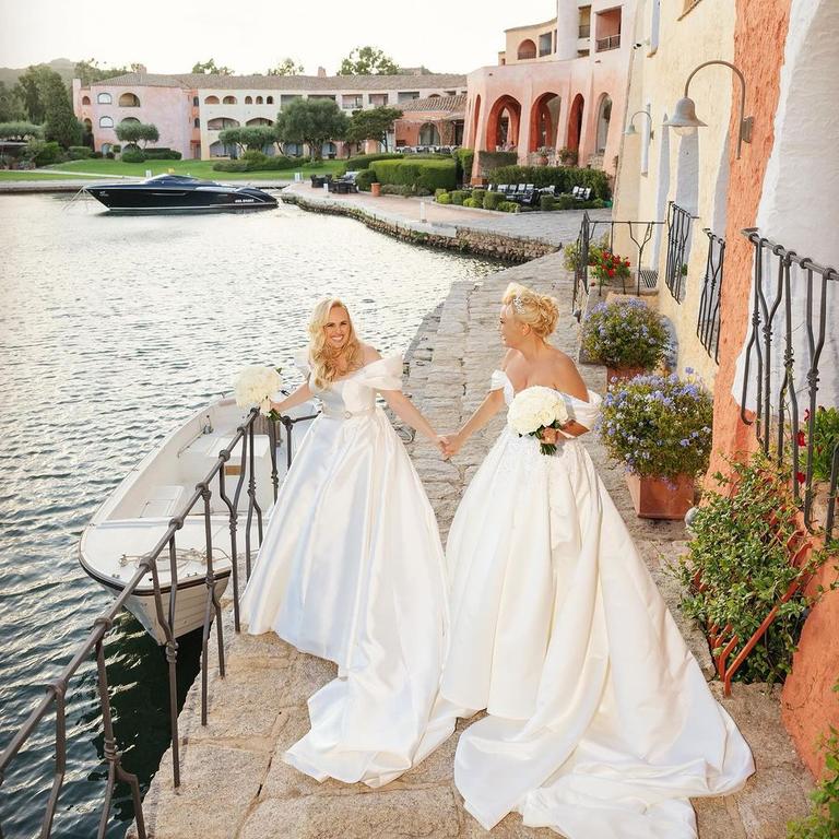 Rebel Wilson and fashion designer Ramona Agruma at their wedding at the Hotel Cala di Volpe in Sardinia, Italy. Picture: Instagram