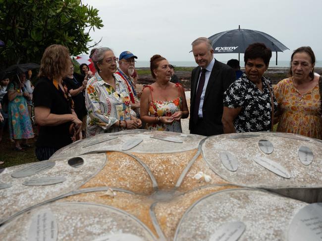 DARWIN, AUSTRALIA. NewsWire Photo. 25 December 2024. Prime Minister Anthony Albanese attends the dawn service for 50 years since Cyclone Tracy hit. Unveiling  a monument to the disaster at East Point Reserve. Picture: NewsWire/AIIM Photography Darwin.