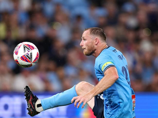 SYDNEY, AUSTRALIA - FEBRUARY 08: Rhyan Grant of Sydney controls the ball during the round 18 A-League Men match between Sydney FC and Western Sydney Wanderers at Allianz Stadium, on February 08, 2025, in Sydney, Australia. (Photo by Brendon Thorne/Getty Images)