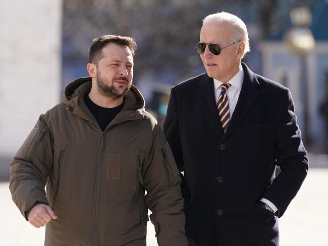 Volodymyr Zelensky and Joe Biden talk during the US President’s visit to Kyiv on Monday. Picture: AFP