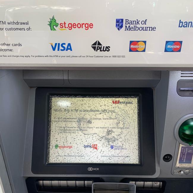 Damage to an ATM at the St George bank branch on The Corso, Manly. Picture: Steve Howard