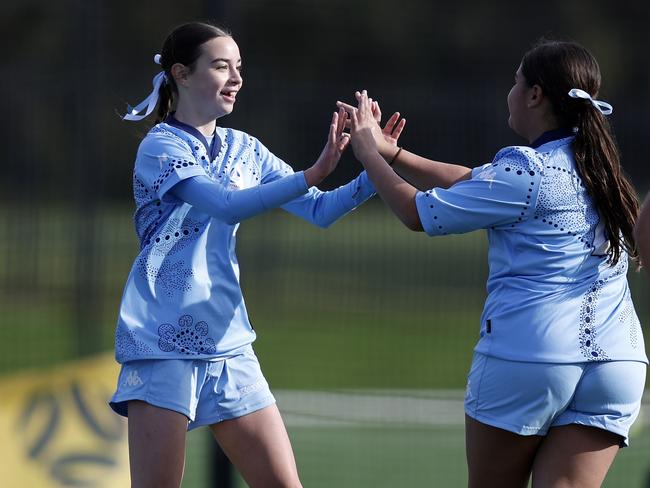 Nakai Duffey-Kerr celebrates a goal. Picture: Michael Gorton. U14 Girls NAIDOC Cup at Lake Macquarie Regional Football Facility.