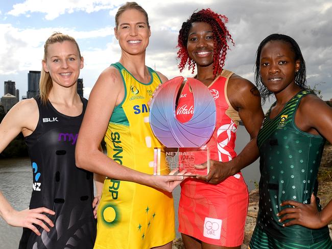 (L-R) Team Captains Katrina Grant of New Zealand, Caitlin Bassett of Australia, Ama Agbeze of England and Bongiwe Msomi of Such Africa pose for a photo for the upcoming Netball Quad Series, Brisbane, Australia, August 25th 2017. (Photo by Bradley Kanaris/AAP)