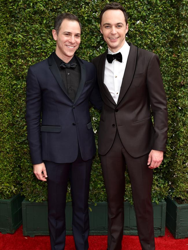 Todd Spiewak and Jim Parsons arrives at the 66th Primetime Emmy Awards.