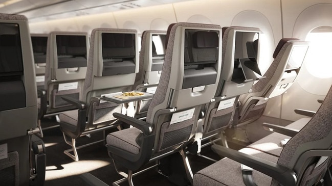 The economy cabin of the new Qantas Airbus A350-1000s due for delivery in 2026.