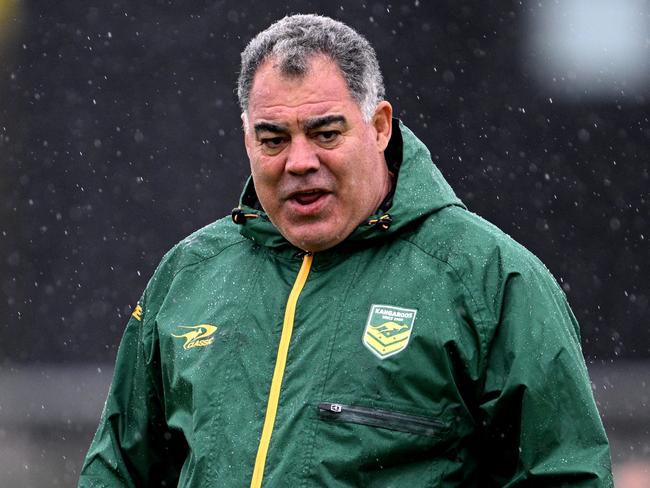 CHRISTCHURCH, NEW ZEALAND - OCTOBER 26: Coach Mal Meninga looks on during an Australian Kangaroos captain's run at Apollo Projects Stadium on October 26, 2024 in Christchurch, New Zealand. (Photo by Joe Allison/Getty Images)