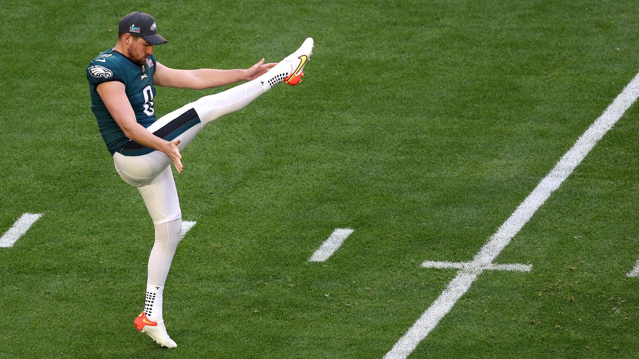 Arryn Siposs warms up prior to the Super Bowl. Picture: Getty Images