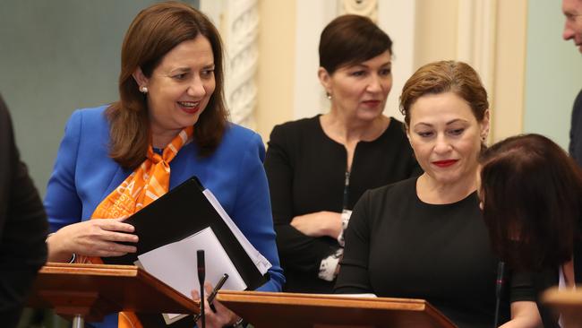 Annastacia Palaszczuk and Jackie Trad in State Parliament. Picture: Annette Dew