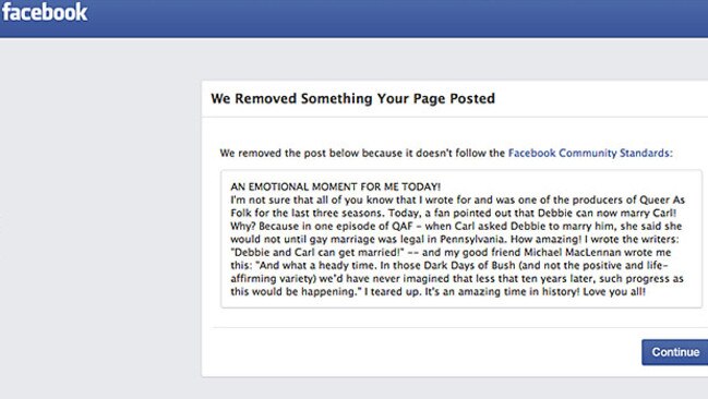 Banned ... the message posted on Facebook by Del Shores that was banned. Picture: Facebook/Del Shores
