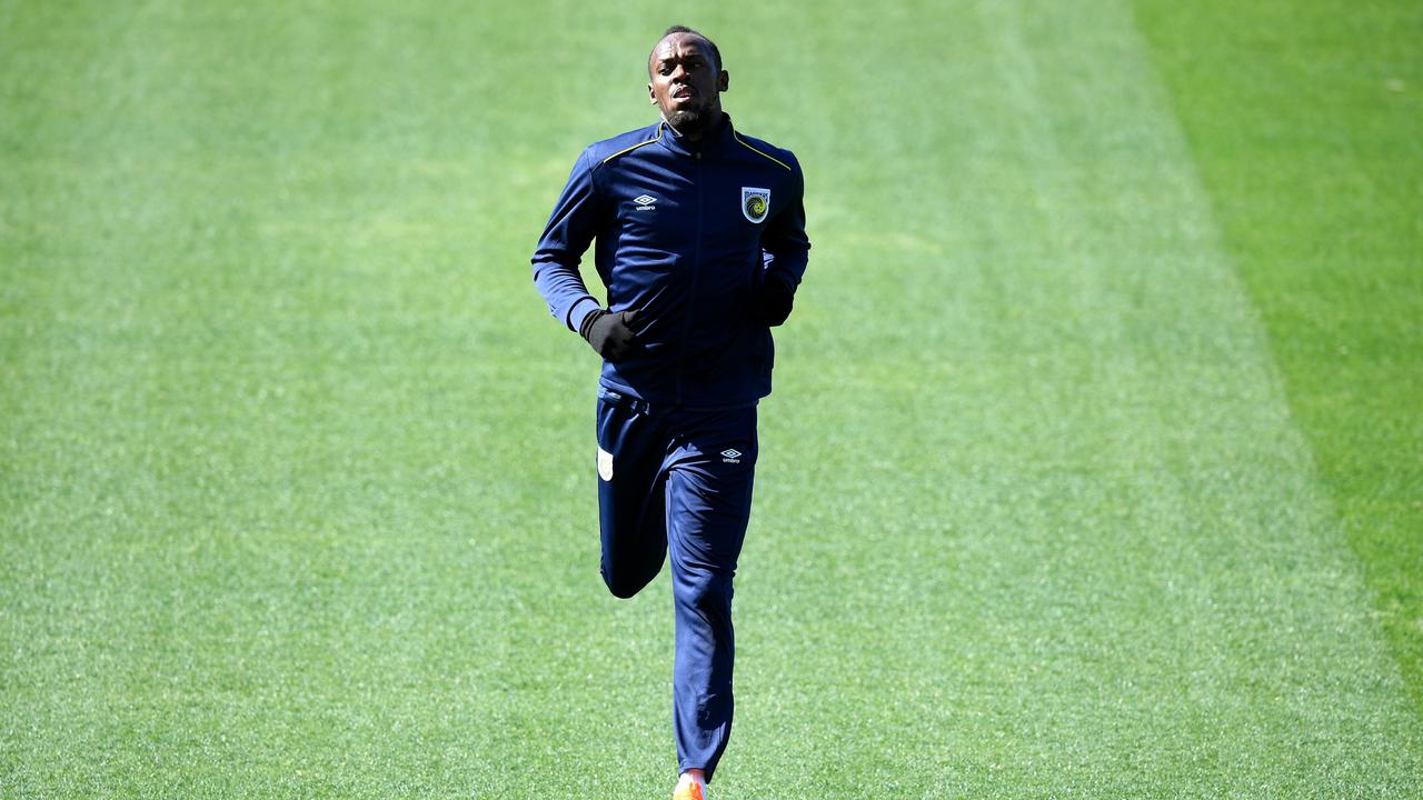 Eight-time Olympic sprinting gold medallist Usain Bolt takes part in his first training session with the Central Coast Mariners.