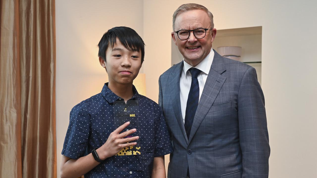 Melbourne student Zach Cheng and the other two winners met Prime Minister Anthony Albanese in Parliament House in Canberra and were treated to a personal tour of the PM’s office. Picture: Martin Ollman