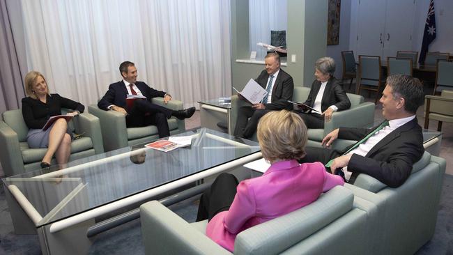 Labor’s brains trust in 2020: Katy Gallagher, left, Jim Chalmers, Anthony Albanese, Penny Wong, Richard Marles and Kristina Keneally (back to camera). Picture: NCA NewsWire/ Gary Ramage