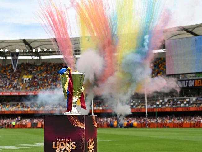 BRISBANE, AUSTRALIA - MARCH 23: The Premiership Cup is seen ahead of the round two AFL match between Brisbane Lions and West Coast Eagles at The Gabba, on March 23, 2025, in Brisbane, Australia. (Photo by Albert Perez/AFL Photos via Getty Images)