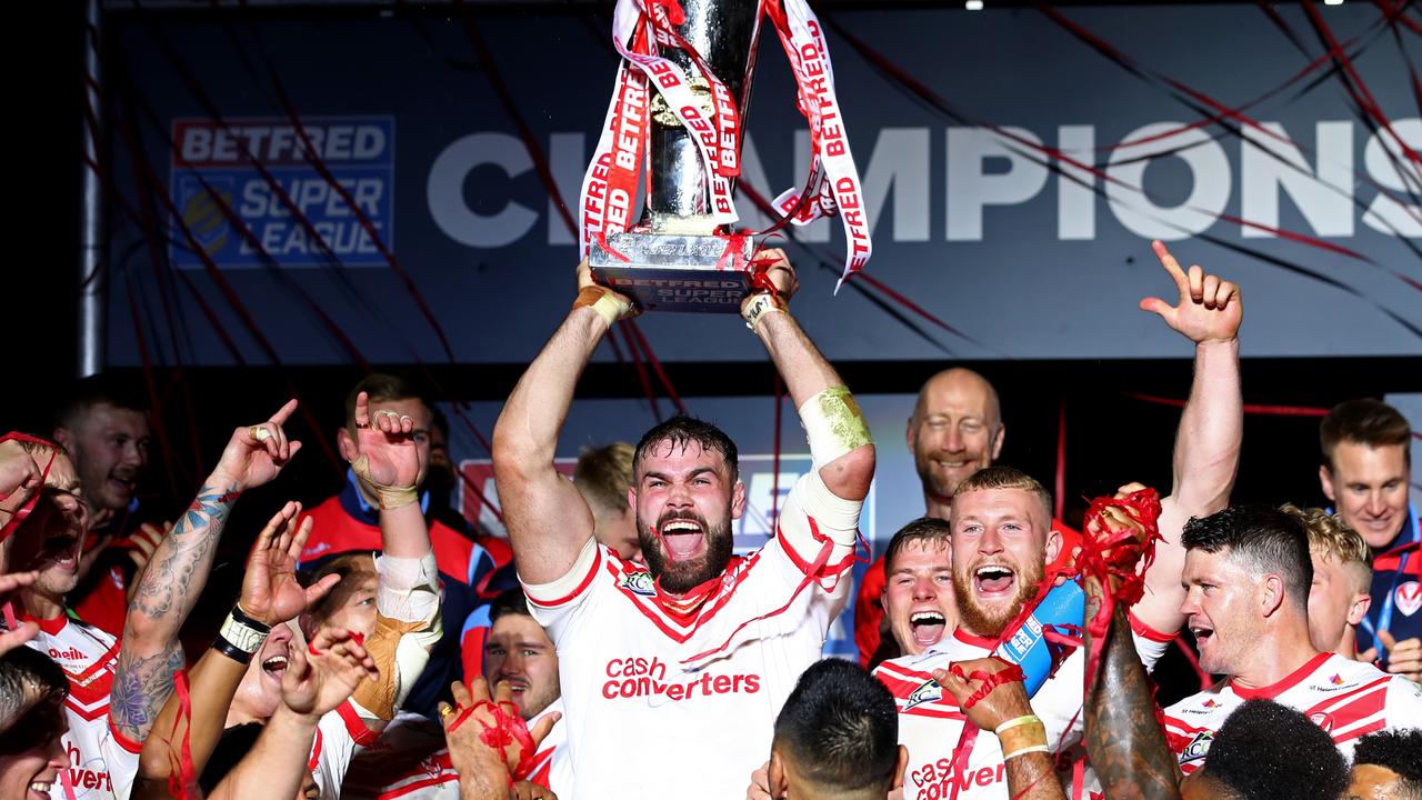 MANCHESTER, ENGLAND - OCTOBER 12: Alex Walmsley of St Helens lifts the trophy as he celebrates his team's victory after the Betfred Super League Grand Final between St Helens and Salford Red Devils at Old Trafford on October 12, 2019 in Manchester, England. (Photo by Clive Brunskill/Getty Images)