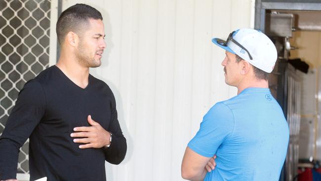 Jarryd Hayne chats with Greg Bird this afternoon. Pic by Richard Gosling