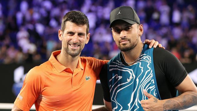 MELBOURNE, JANUARY 13, 2023: Nick Kyrgios and Novak Djokovic meet on Rod Laver Arena for the Arena Showdown, the finale of the Australian OpenÃs Perfect Practice series. Picture: Mark Stewart