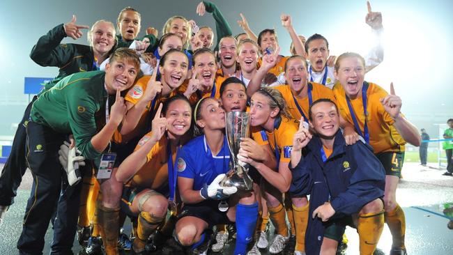 The Matildas celebrate winning the 2010 Asian Cup after a penalty shoot out with North Korea. Photo; Supplied