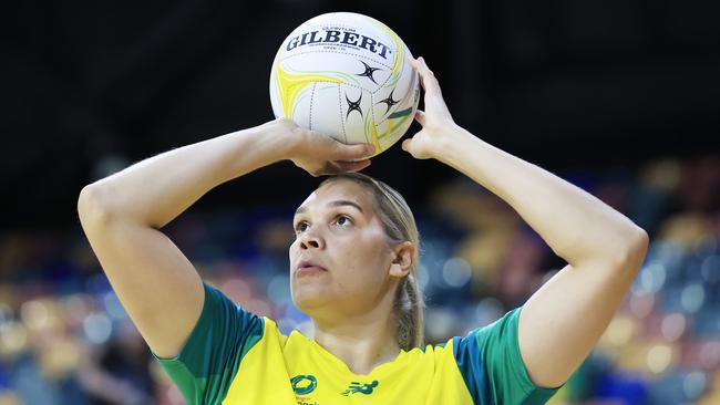 Donnell Wallam of Australia warms up before game one of the International Test series between the Australia Diamonds and England Roses at Newcastle Entertainment Centre on October 26, 2022 in Newcastle, Australia. (Photo by Mark Evans/Getty Images)