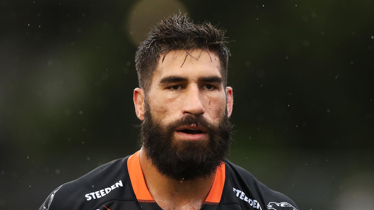 SYDNEY, AUSTRALIA - MARCH 21: James Tamou of the Wests Tigers leaves the field during the round two NRL match between the Wests Tigers and the Sydney Roosters at Campbelltown Sports Stadium, on March 21, 2021, in Sydney, Australia. (Photo by Mark Kolbe/Getty Images)