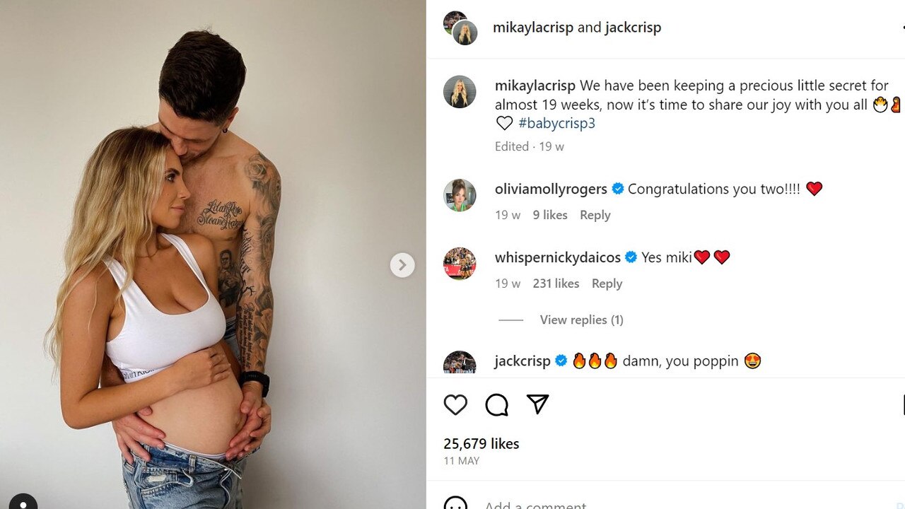 Jack and Mikayla Crisp make the announcement they are expecting on Instagram.