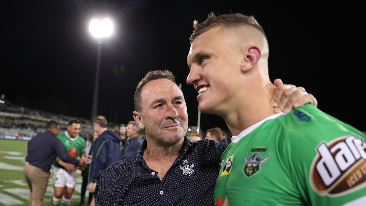 Canberra coach Ricky Stuart with Canberra's Jack Wighton after the Canberra Raiders v South Sydney Preliminary NRL Final at GIO Stadium, Canberra.