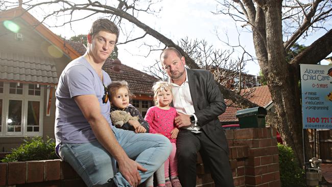 John Ferreira, Tremmeilia Ferreira (3), Charlotte Shanahan (2) and Thomas Shanahan at Alouette Childcare Centre. Picture: Adam Yip