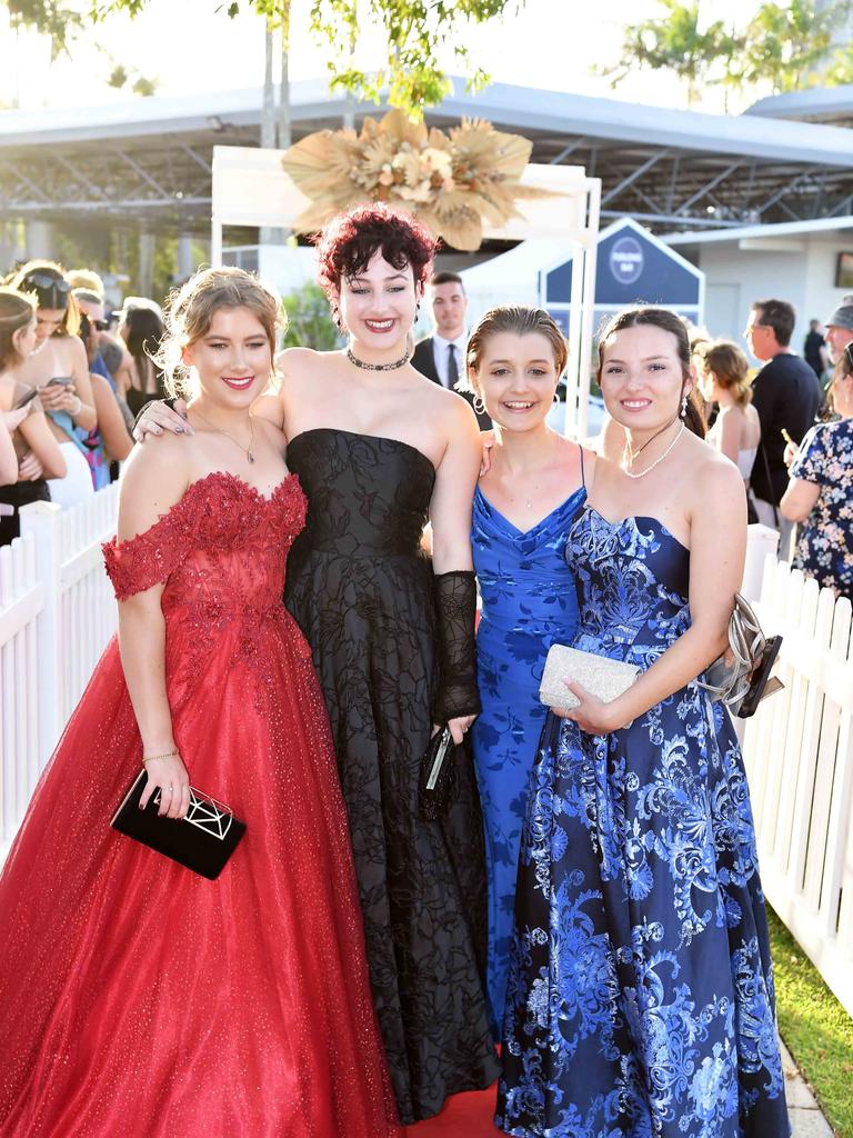 Angel Barlow, Arabella Hayes, Vienna Mesh, and Ellie Pitman at the 2023 Caloundra State High School Year 12 formal. Picture: Patrick Woods.