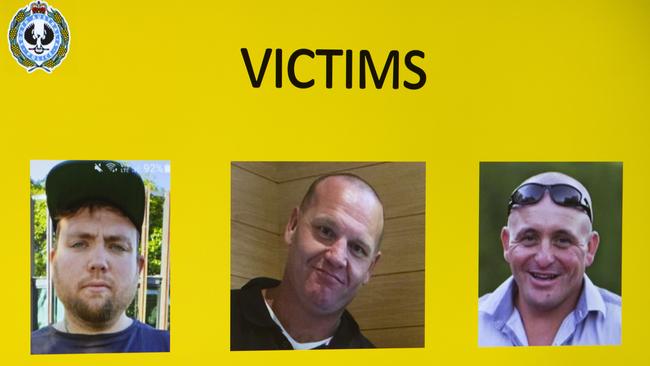 A slide showing the identity of the three victims Robert Atkins, Trevor King and Jeff Mundy. Picture NCA NewsWire / Emma Brasier.